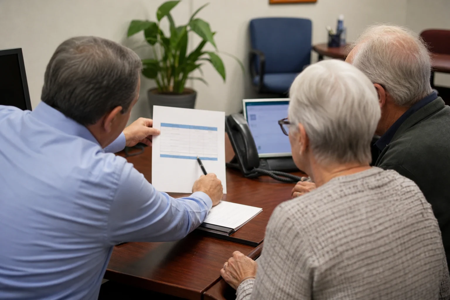 Agent in a blue shirt points a pen at a printed summary sheet while an older couple looks on at a wooden desk in an office with a plant and desk phone