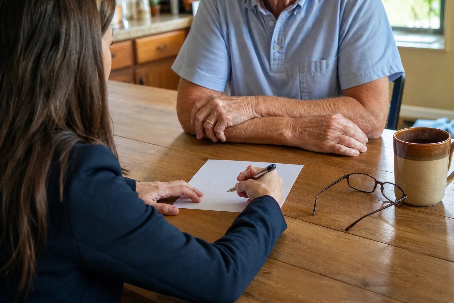 Agent in a navy blazer writes on a sheet of paper at a wooden kitchen table across from an older man, with reading glasses and a coffee mug nearby