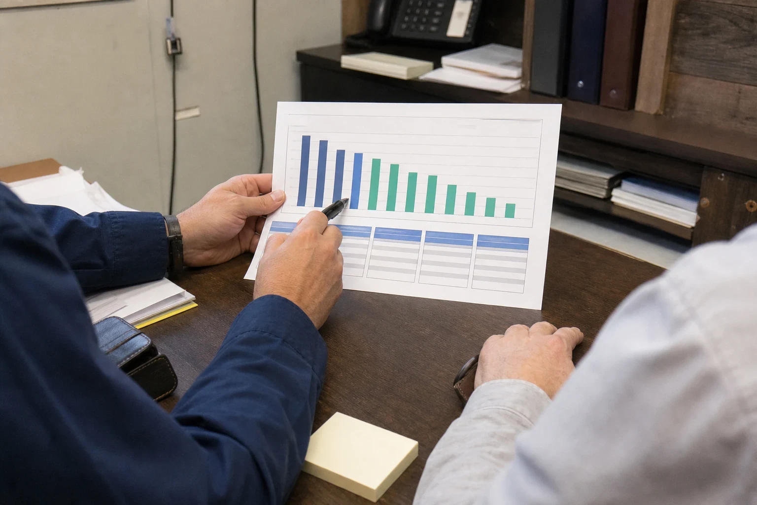 Over-the-shoulder view of a man in a navy shirt pointing a pen at a printed bar chart while another person sits across a cluttered back office desk