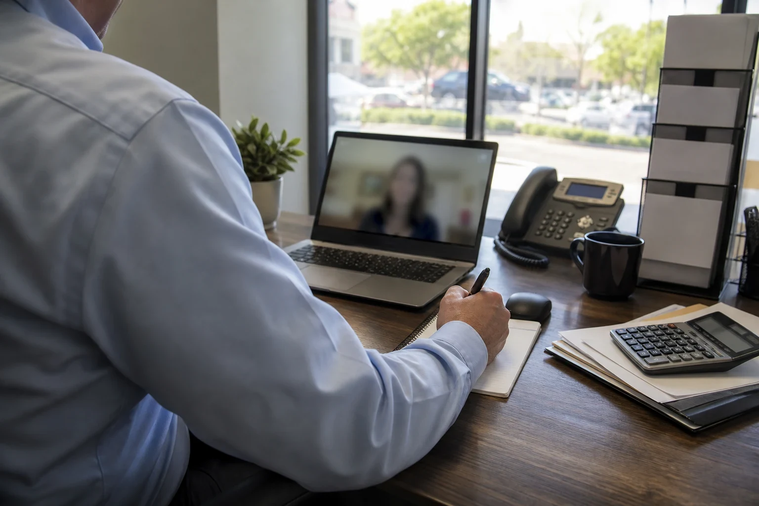 Agent in a light blue shirt, seen from behind, takes notes at a wooden desk during a laptop video call, with a desk phone, calculator and a window onto a parking lot